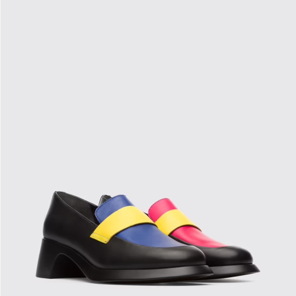 Camper Black, Blue, and Pink Flats with Yellow Strap